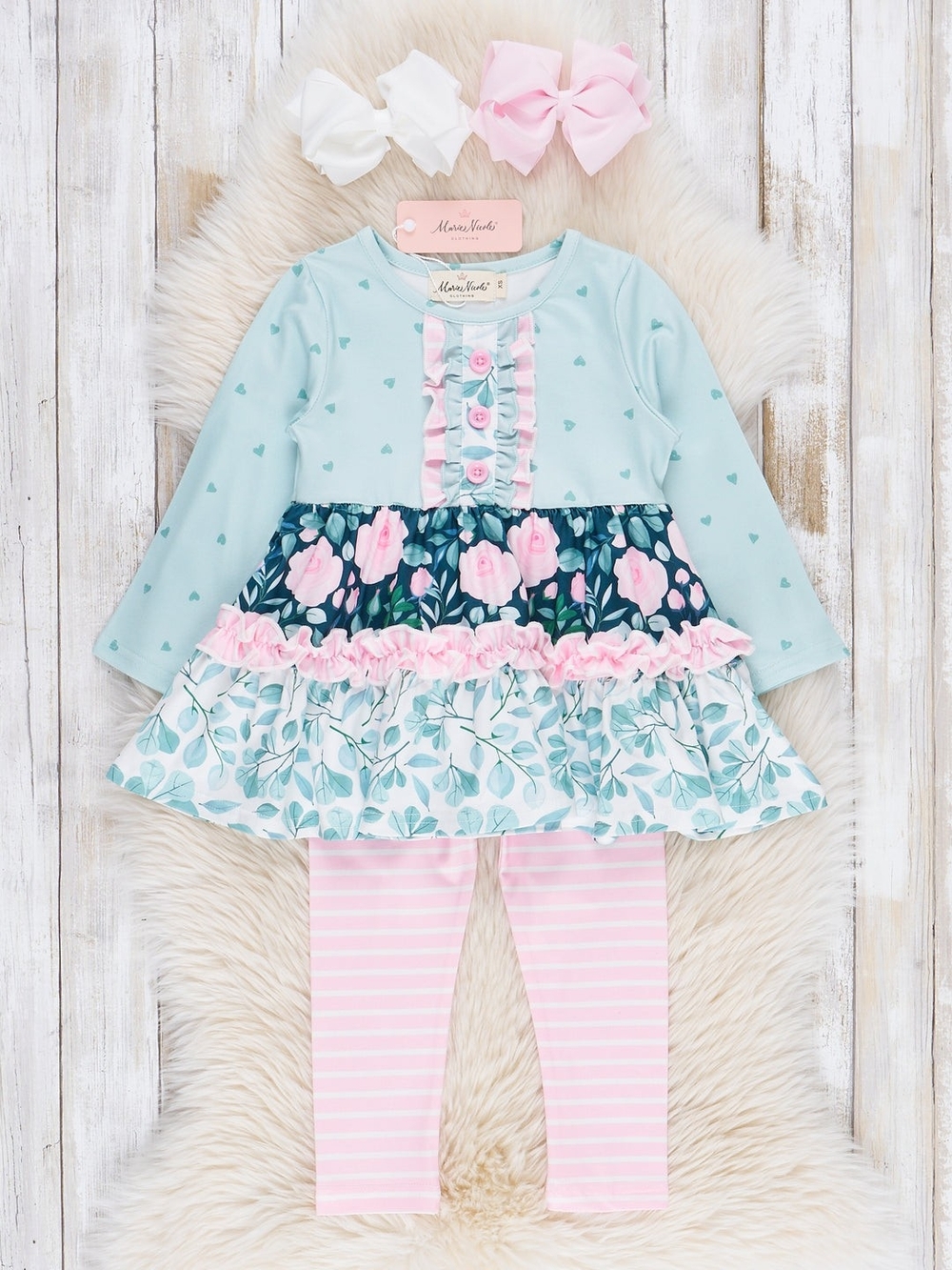 Marie Nicole Mint and Pink Floral Ruffle Girls Matching Set Size 5xl